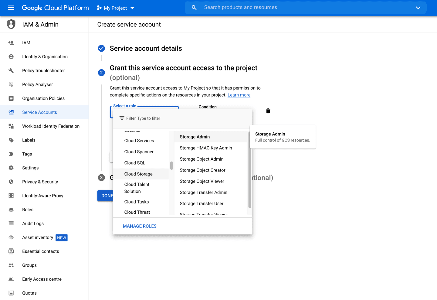 Enable Storage Admin permissions to service account
