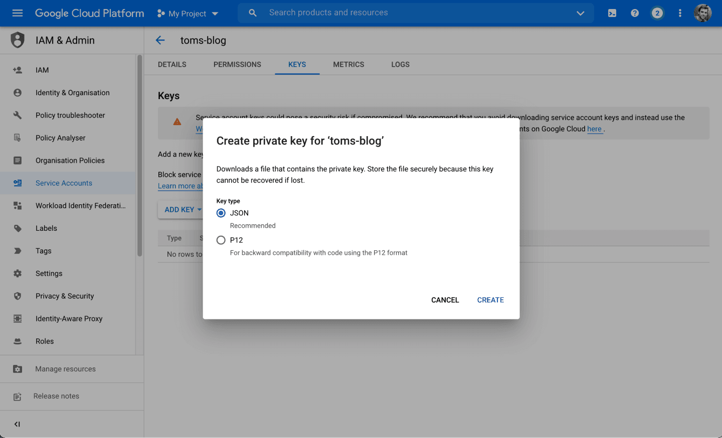 Download service account JSON key