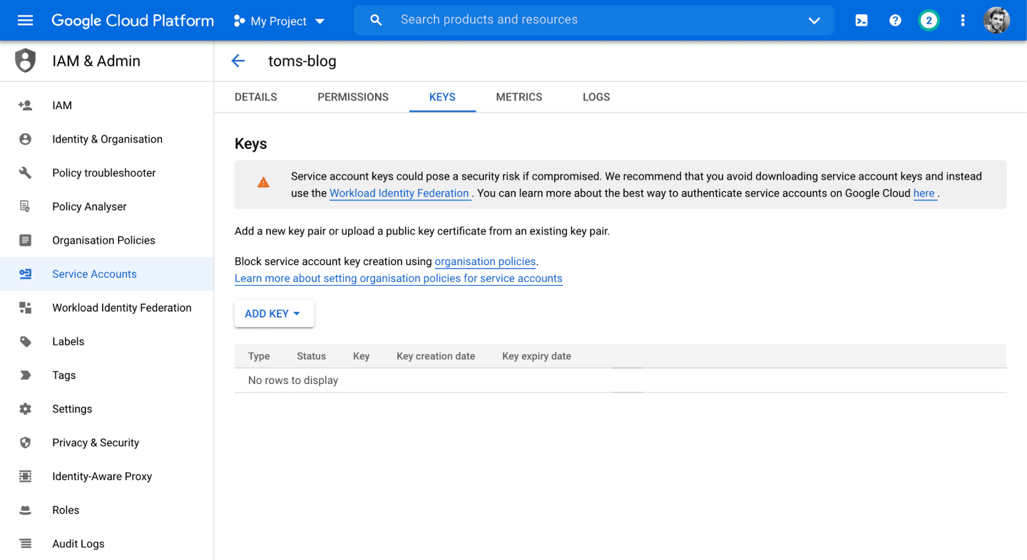 Navigate to the service account keys tab