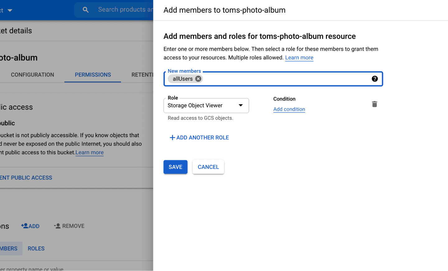 Select allUsers and Storage Object Viewers permissions